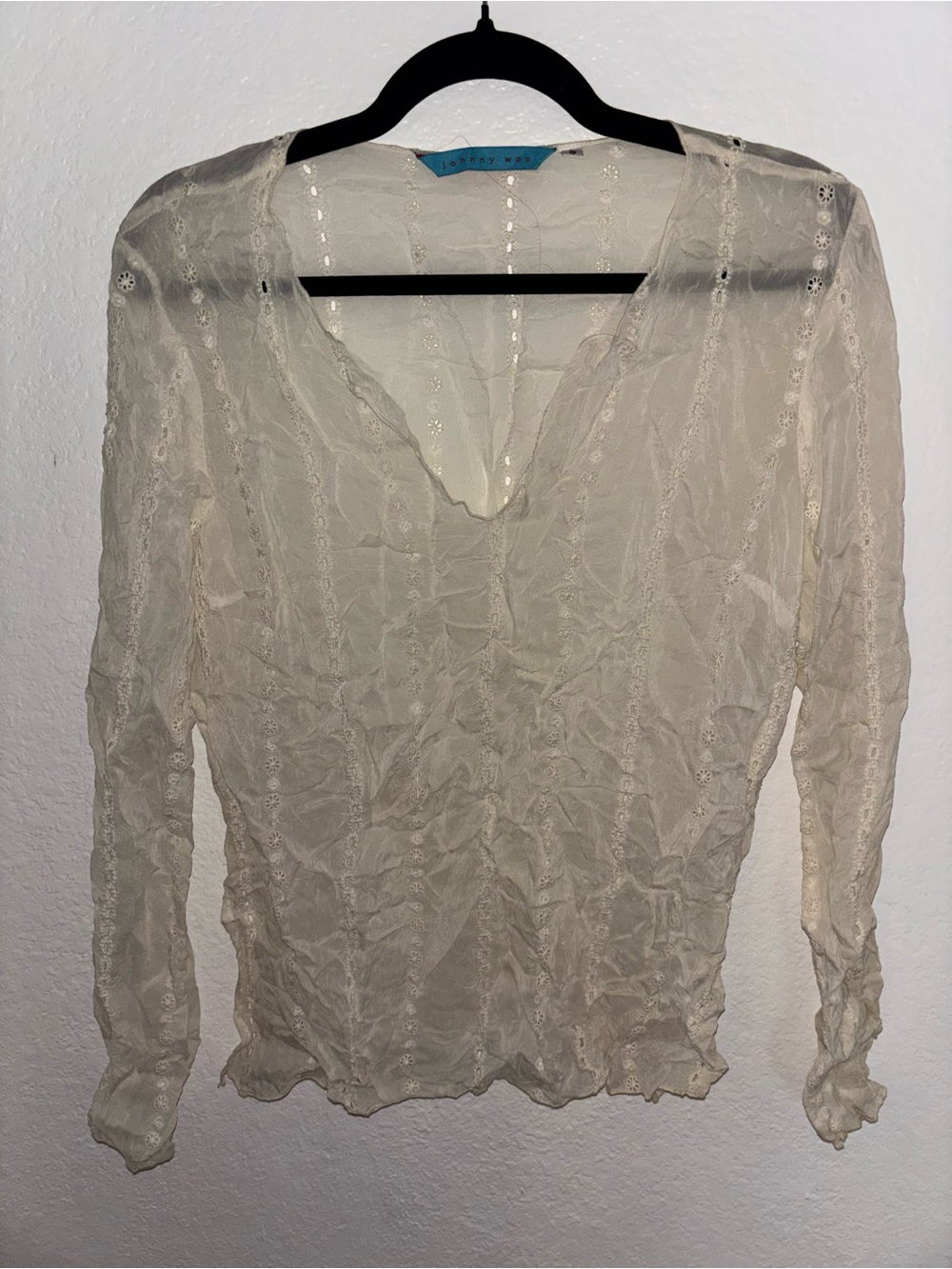 Vintage Johnny Was Sheer Cream Lace-Trim V-Neck Women's Top with Flower Details